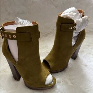 Olive Peep-Toe Ankle Boots